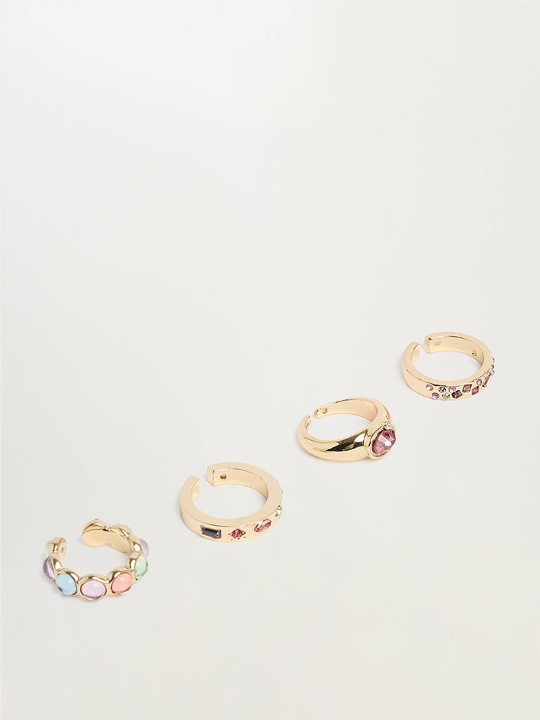 Set of 4 Gold-Toned Stone-Embellished Rings