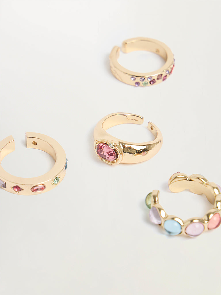 Set of 4 Gold-Toned Stone-Embellished Rings