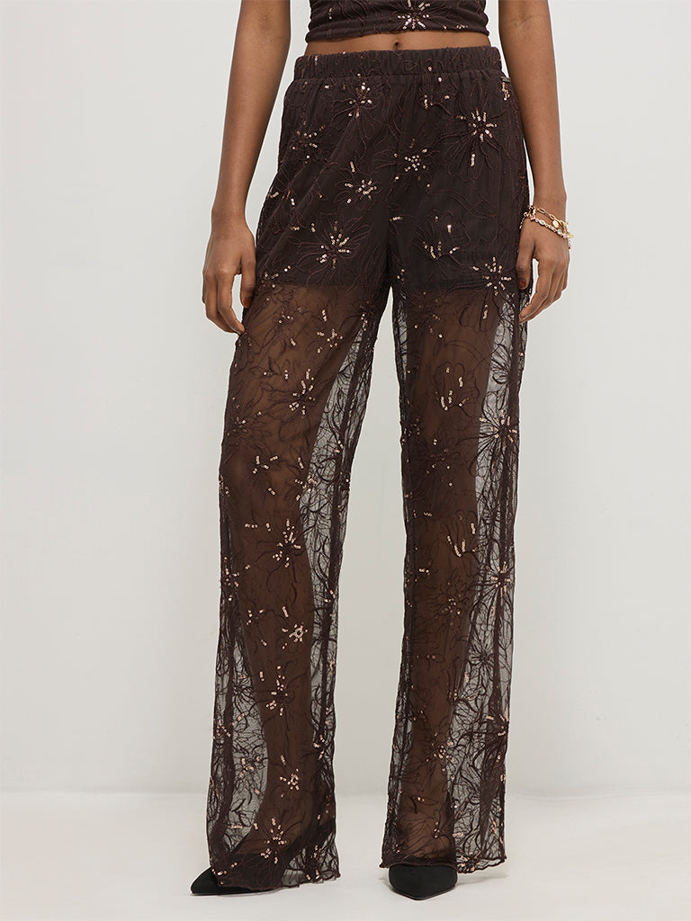 Sheer Embroidered Wide-Leg Pants