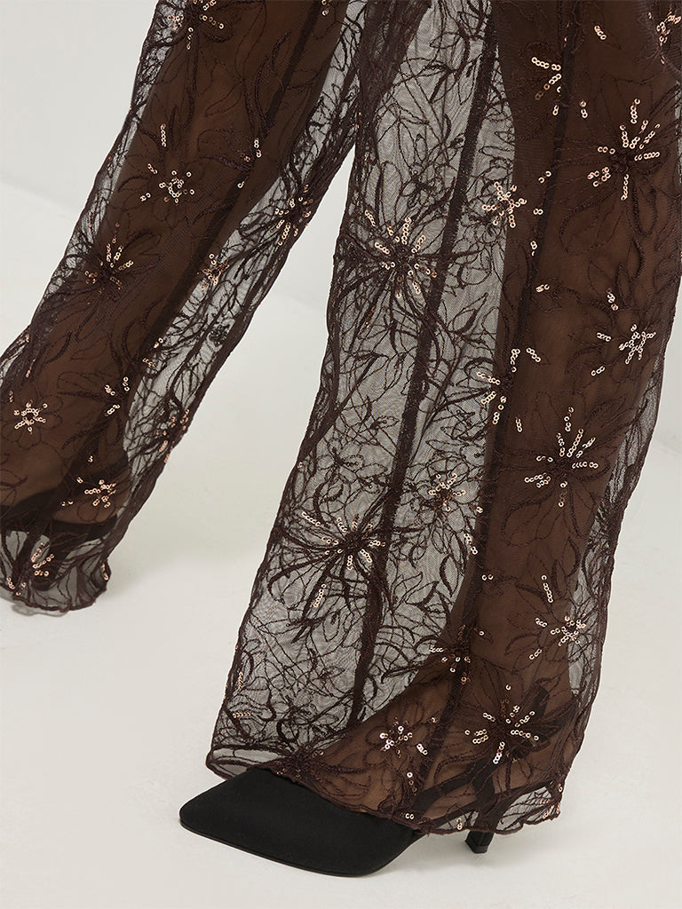 Sheer Embroidered Wide-Leg Pants
