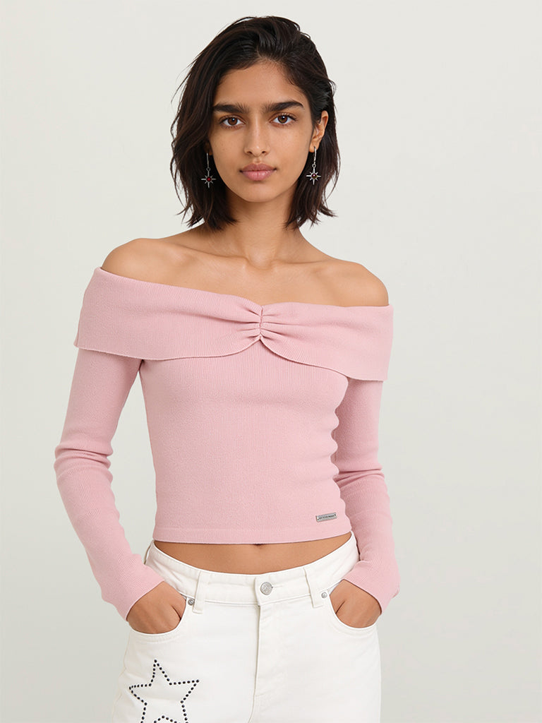 Off-Shoulder Fitted Knit Top